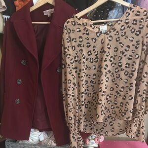 Maroon Double-Breasted Women's Coat with leopard blouse
